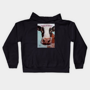 Happy Birthday greeting card featuring cow face Kids Hoodie